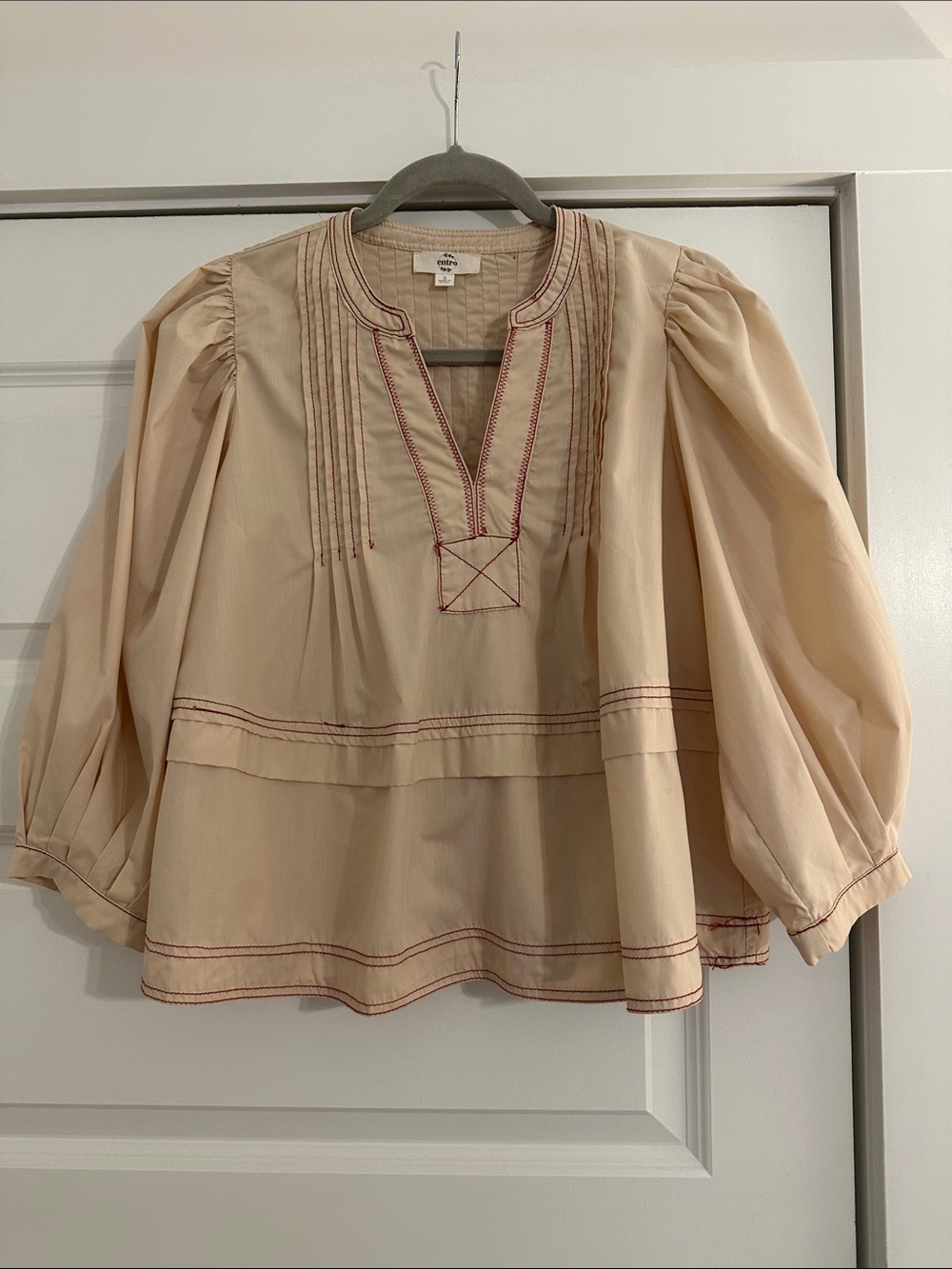 entro Cream Tunic Blouse with Red Contrast Stitching